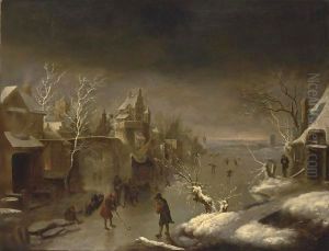 A Winter Landscape With Colf Players On The Ice Near A Town Gate by Claes Molenaar (see Molenaer)