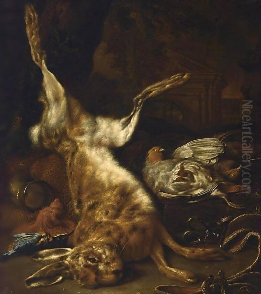 A Hunting Still Life With A Hare, Two Partridges And A Kingfisher, With Hunting Paraphenalia, In A Parkland Setting - view 1