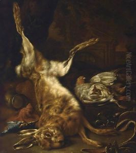 A Hunting Still Life With A Hare, Two Partridges And A Kingfisher, With Hunting Paraphenalia, In A Parkland Setting