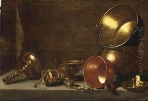 A Still Life With Copper Candlesticks, Pots And Pans On A Stone Ledge