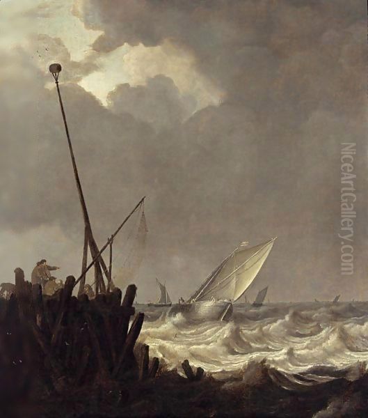 Ships In Stormy Seas With Fishermen Standing At A Jetty - view 1