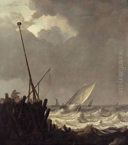 Ships In Stormy Seas With Fishermen Standing At A Jetty by Pieter the Elder Mulier