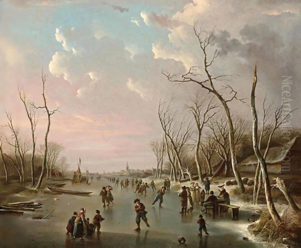 An Extensive Winter Landscape With Skaters On A Frozen River, A View Of A Town Beyond - view 1
