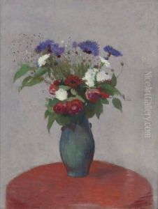 Vase De Fleurs Sur Une Nappe Rouge by Odilon Redon