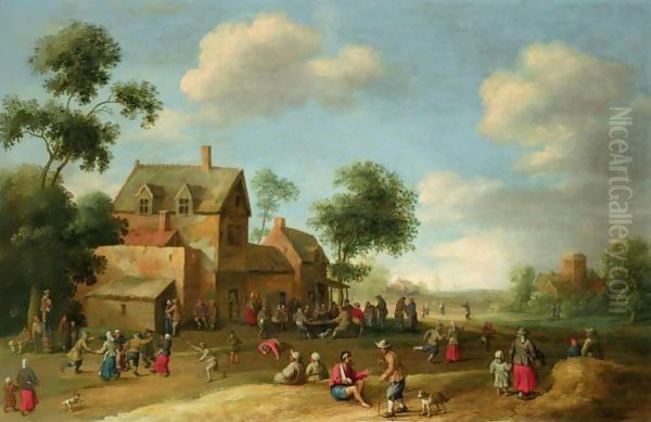 A Village Scene With Figures Dancing And Conversing - view 1