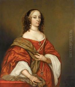 Portrait Of A Lady, Three-Quarter Length, Wearing Pearls And An Orange Dress by Adriaen Hanneman