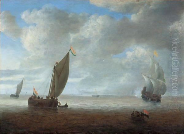 Dutch Coastal Vessels In A Light Breeze, A Man Of War Firing A Salute Beyond - view 1