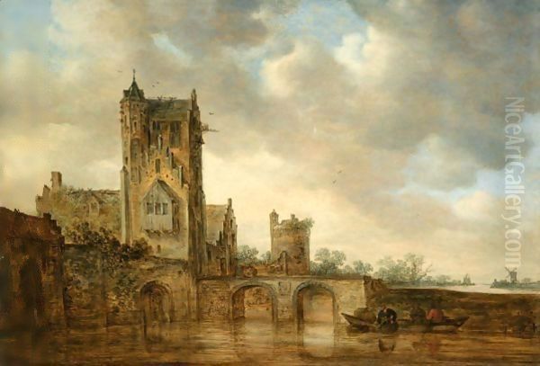 A Large House With A Tower, At The Edge Of A River Crossed By A Two-Arched Stone Bridge, Three Men In A Rowing Boat Below - view 1