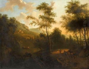 An Extensive Italianate Landscape With Mounted Travellers In The Foreground by Frederick De Moucheron