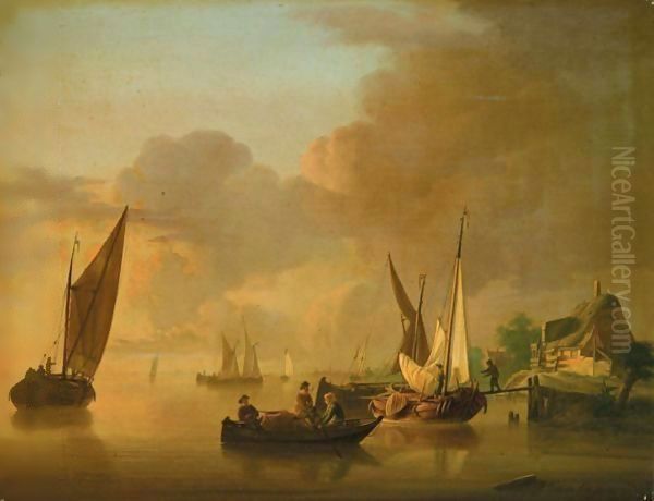 A River Landscape With Smalschips Unloading Their Cargo, Together With A Rowing Boat - view 1