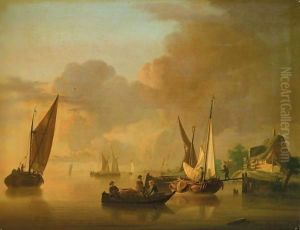 A River Landscape With Smalschips Unloading Their Cargo, Together With A Rowing Boat