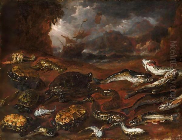 A Still Life Of Fish, Tortoises And Lobster On A Beach, A Stormy Sea Beyond - view 1
