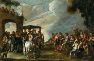 A Landscape With Ladies Descending From A Carriage Before A Tavern, Together With Figures Merrymaking And Dancing