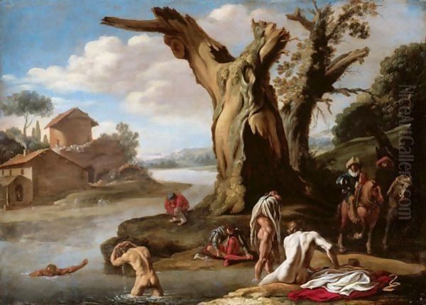 A River Landscape With Horsemen And Figures Bathing In The Foreground - view 1