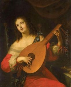 Portrait Of A Lady, Half Length, Playing A Lute by Hieronymus Janssens