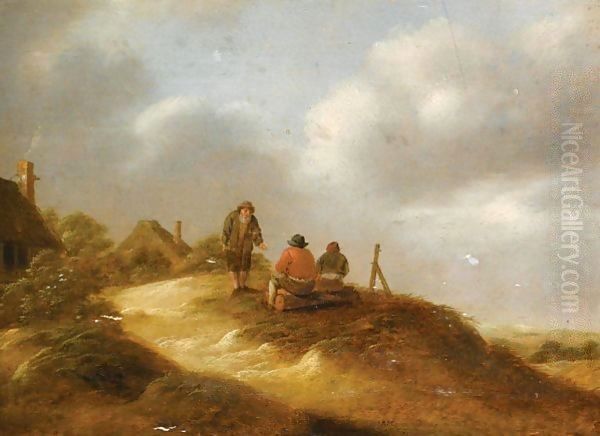 A Dune Landscape With Three Boors Conversing Before A Hamlet - view 1