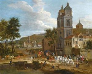 A Landscape With A Cart Drawn By Six White Horses Leaving A Town, A Fisherman And A Drover By A Pond