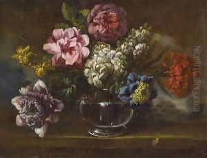 Still Life With Various Flowers In A Glass Vase On A Stone Ledge by Italian School