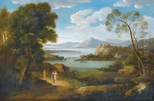 A Classical River Landscape With Three Figures On A Path, A Hilltop Town In The Distance - view 1