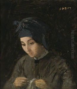 Jeune Fille Cousant by Jean-Baptiste-Camille Corot