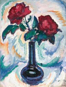 Red Roses In A Blue Vase by Samuel John Peploe