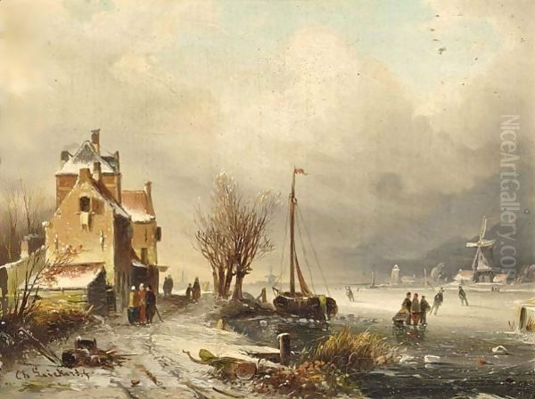 Figures On A Frozen Waterway, A Windmill In The Distance - view 1