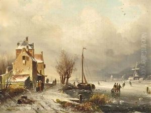 Figures On A Frozen Waterway, A Windmill In The Distance by Charles Henri Leickert