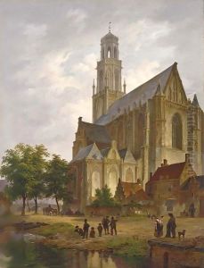 Figures Near A Church In A Dutch Town by Bartholomeus Johannes Van Hove