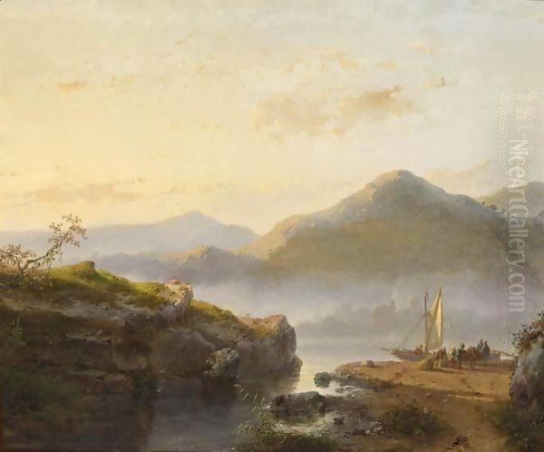 Figures Unloading A Sailing Vessel In A Mountainous Landscape - view 1