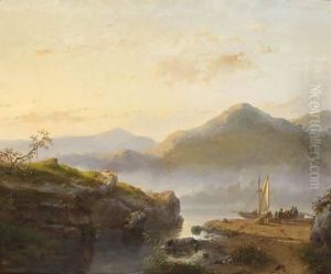 Figures Unloading A Sailing Vessel In A Mountainous Landscape