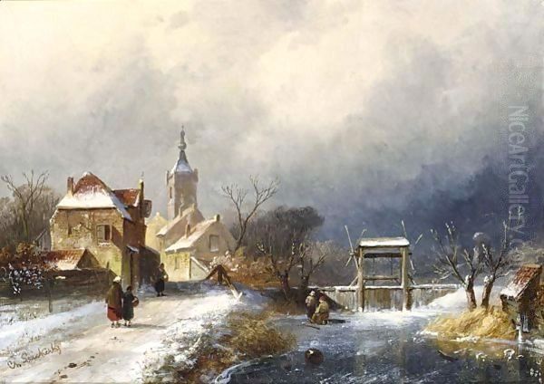A Winter Landscape With Figures Near A Village - view 1