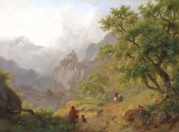 Travellers Resting On A Path In A Mountainous Landscape - view 1
