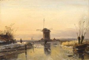 Figures In A Winter Landscape, A Windmill In The Distance