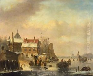 Many Skaters Near A Town On The Waterfront, A Windmill In The Distance