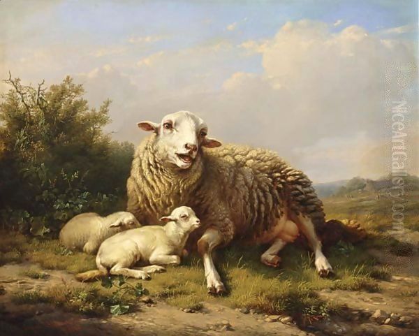 A Sheep And Two Lambs Resting In A Summer Landscape - view 1