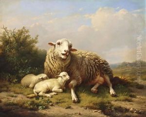 A Sheep And Two Lambs Resting In A Summer Landscape