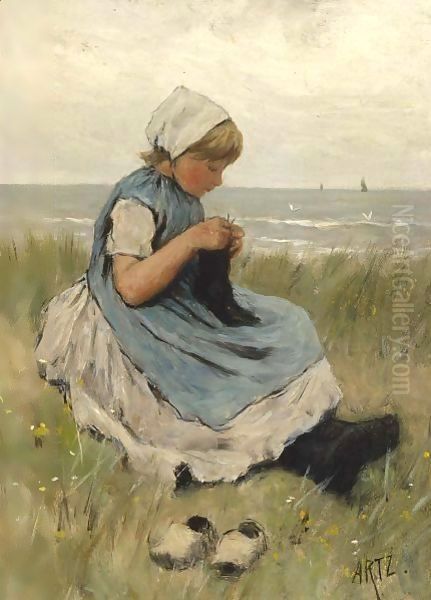 A Girl Knitting In The Dunes - view 1