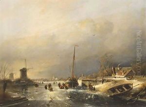 A Winter Landscape With Figures On The Ice Near A Barge, A Town Beyond