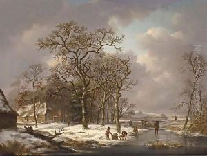 A Winter Landscape With Figures On A Frozen Waterway