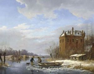 A Winter Landscape With Figures On The Ice