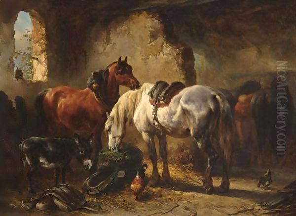 Horses And A Donkey In A Stable - view 1