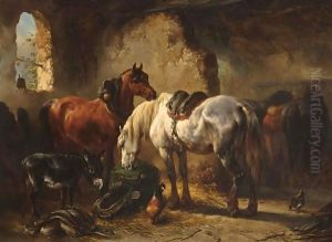 Horses And A Donkey In A Stable