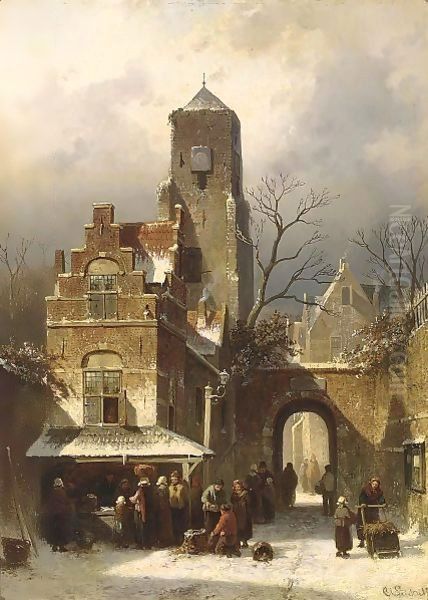 A Market Scene In A Wintry Dutch Town - view 1