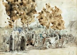 Le Marche Aux Bestiaux , Bretagne by Eugene Boudin