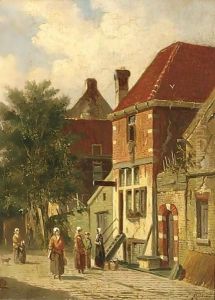 Villagers In A Sunlit Street Of A Dutch Town by Adrianus Eversen