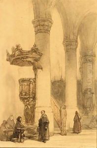 Church Interior With People Attending Mass by Johannes Bosboom