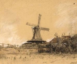 A View Of A Farm And Windmill by Jan Hillebrand Wijsmuller