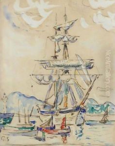 Two-Masted Sailboat At Anchor by Paul Signac