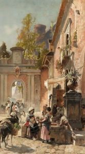 Gathering At The Water Fountain by Franz Theodor Aerni