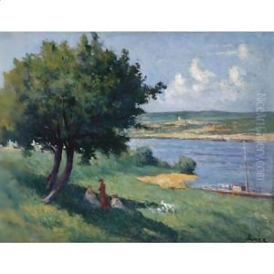Les Gardiens De Chevres Au Bord De La Seine by Maximilien Luce